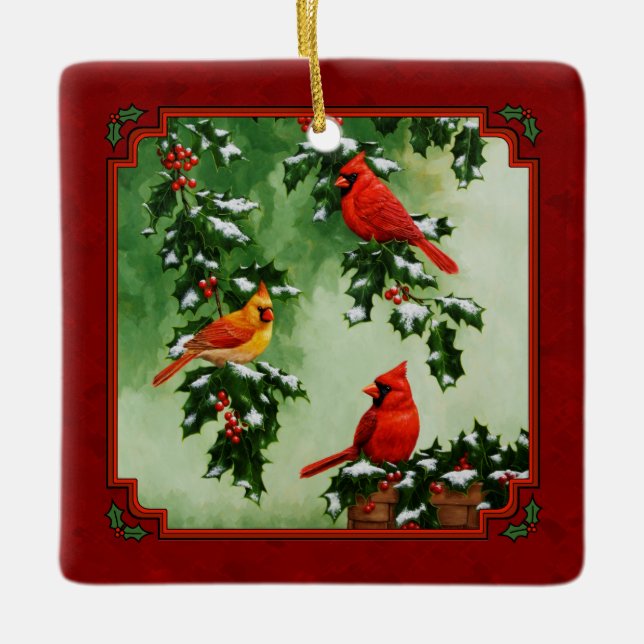 Adorno De Cerámica Cardenales rojos del norte y rojo holly (Anverso)