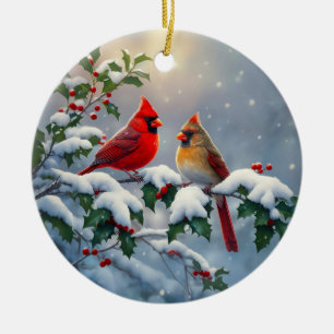 Adorno De Cerámica Cardenales rojos y acebo en la nieve
