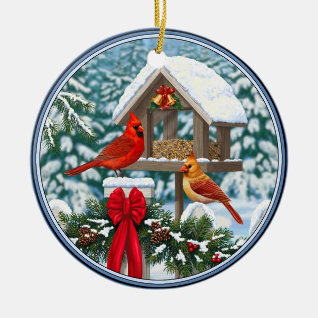 Adorno De Cerámica Cardenales y Navidades Alimentador de aves (Frente)