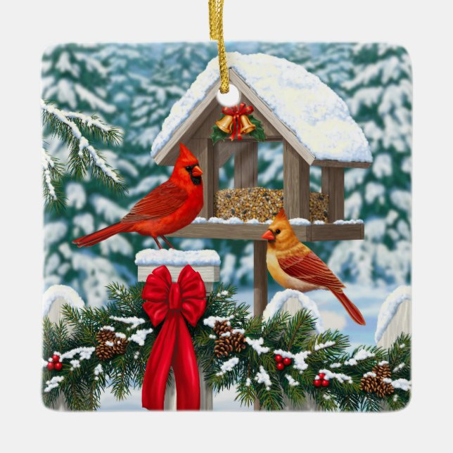 Adorno De Cerámica Cardenales y Navidades Alimentador de aves (Anverso)