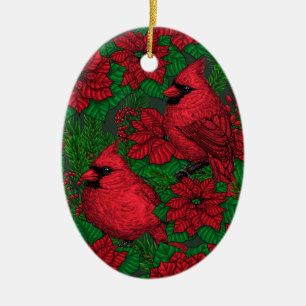 Adorno De Cerámica Cardenales y poinsettia para Navidades