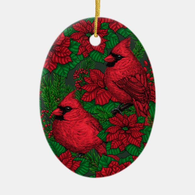 Adorno De Cerámica Cardenales y poinsettia para Navidades (Frente)