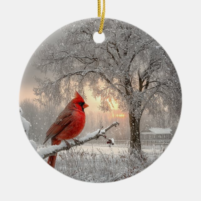 Adorno De Cerámica Cardinal On a Snowy Branch Ceramic Circle Ornament (Frente)