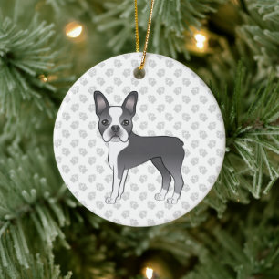 Adorno De Cerámica Caricatura azul y blanca de Boston Terrier Perro y