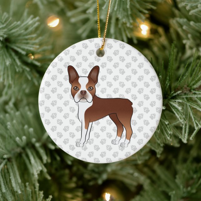 Adorno De Cerámica Caricatura del Terrier Rojo Y Blanco De Boston Per (Árbol)
