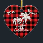 Adorno De Cerámica Carlsbad California Beach Palm Tree Red Plaid<br><div class="desc">Carlsbad California Beach Palm Tree Red Plaid Heart Ornament</div>