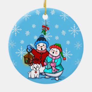 Adorno De Cerámica Caroling Snow Couple with Dog Christmas Ornament