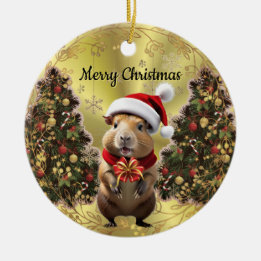 Adorno De Cerámica Carpincho de Navidad flanqueado por árboles de Nav