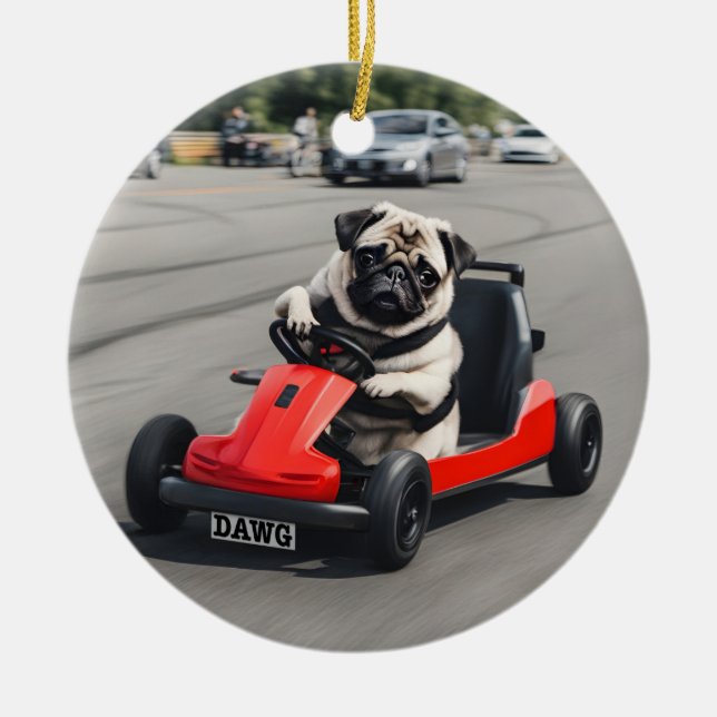 Adorno De Cerámica Carrera de Pug go-kart (Frente)