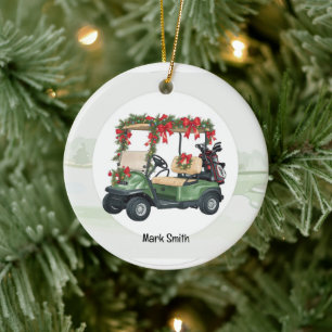 Adorno De Cerámica Carrito de Golf en fondo de Navidad para golfista