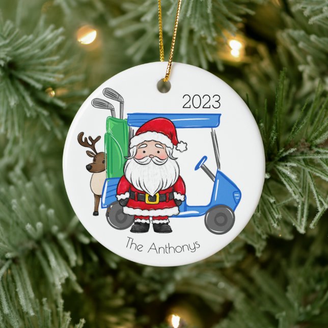 Adorno De Cerámica Carro de golf infantil personalizado Santa Reindee (Árbol)