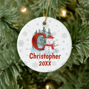 Adorno De Cerámica Carta de Monograma Personalizada C Navidades Snowm