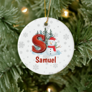 Adorno De Cerámica Carta De Monograma Personalizada S Navidades Snowm