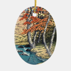 Adorno De Cerámica Cartel Shin-hanga del Arce Rojo Japonés del Río