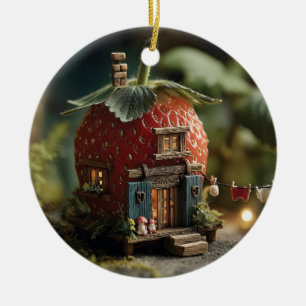 Adorno De Cerámica Casa de Hadas de Fresa con Tendal en Miniatura