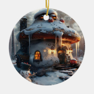 Adorno De Cerámica Casa de hongos en la nieve
