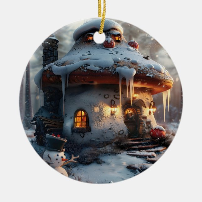 Adorno De Cerámica Casa de hongos en la nieve (Frente)