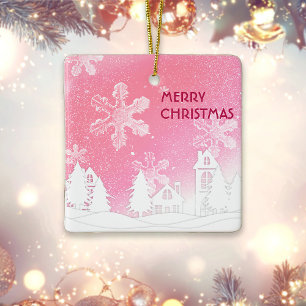 Adorno De Cerámica Casa de nieve blanca rosa Feliz Navidad Año Nuevo
