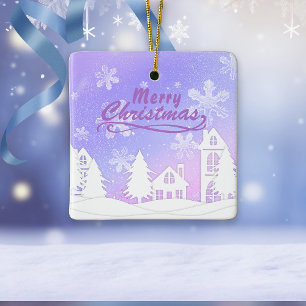 Adorno De Cerámica Casa de Nieve Morada Feliz Navidad Feliz Año Nuevo