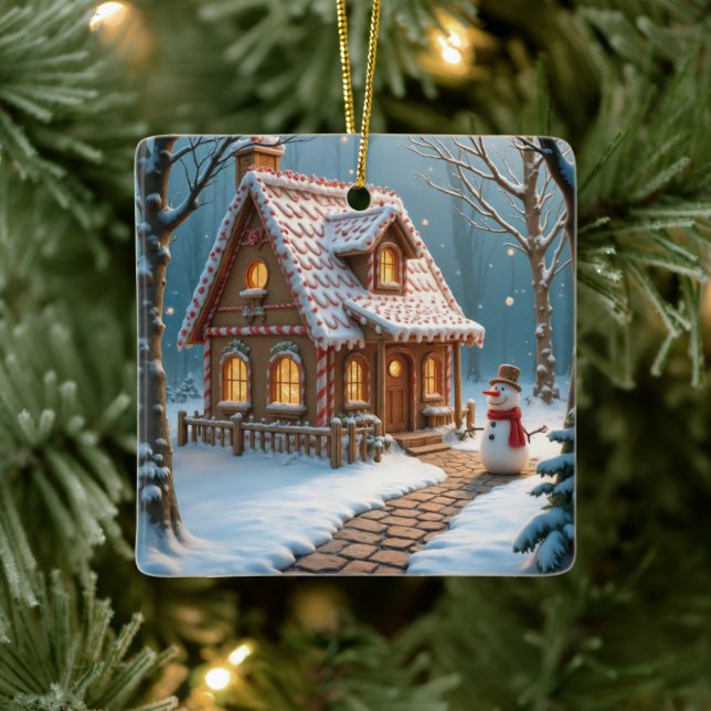 Adorno De Cerámica Casa de pan de jengibre con muñeco de nieve (Árbol)