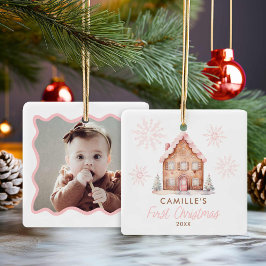 Adorno De Cerámica Casa Rosada Gingerbread 1ª Navidad Foto Cerámica