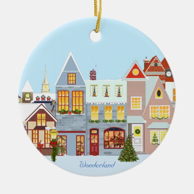 Adorno De Cerámica Casas de los navidades con cielo azul (Frente)