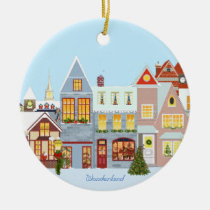 Adorno De Cerámica Casas de pueblo en Navidad con cielo azul