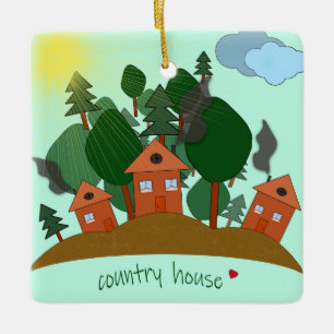 Adorno De Cerámica Casas rurales al borde del bosque.