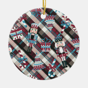 Adorno De Cerámica Cascanueces de Navidad a Cuadros Azul Burgundy