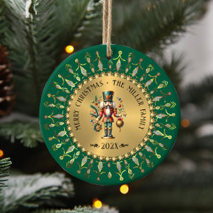 Adorno De Cerámica Cascanueces personalizado verde dorado de Navidad
