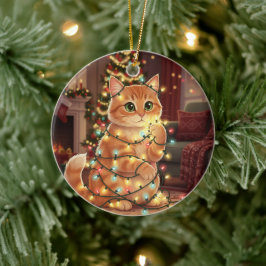 Adorno De Cerámica Cat & Christmas Lights – Playful Cat