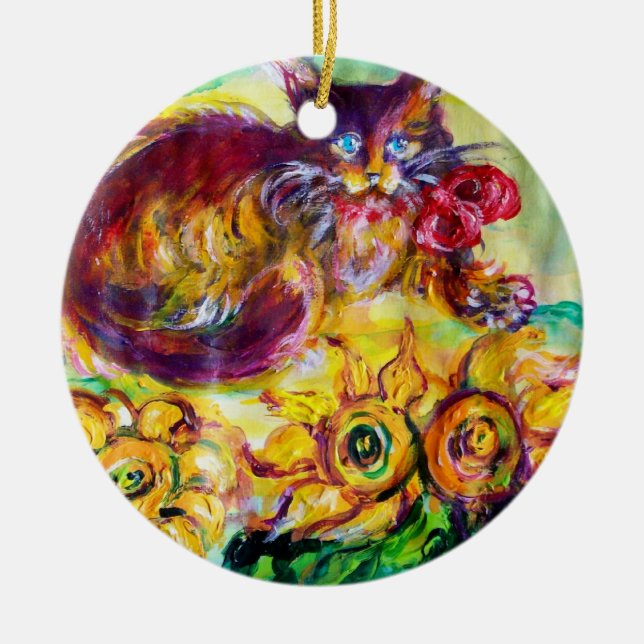 ADORNO DE CERÁMICA CAT CON RIBÓN ROJO Y FLORES (Frente)