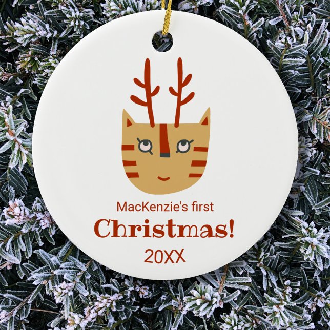 Adorno De Cerámica Cat First Christmas (Fun cat personalized name first Christmas ornament)