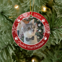 Cat First Christmas Snowflake Photo Red White