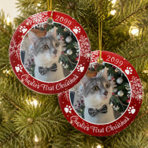 Cat First Christmas Snowflake Photo Red White