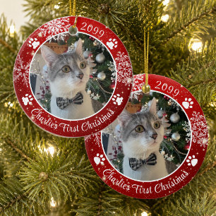Adorno De Cerámica Cat First Christmas Snowflake Photo Red White