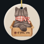 Adorno De Cerámica Cat in The Box<br><div class="desc">Fluffy grey cat sitting comfortably inside a cardboard box. The txt "If fits,  sits" is expressing the cat's innate behavioral rule.</div>