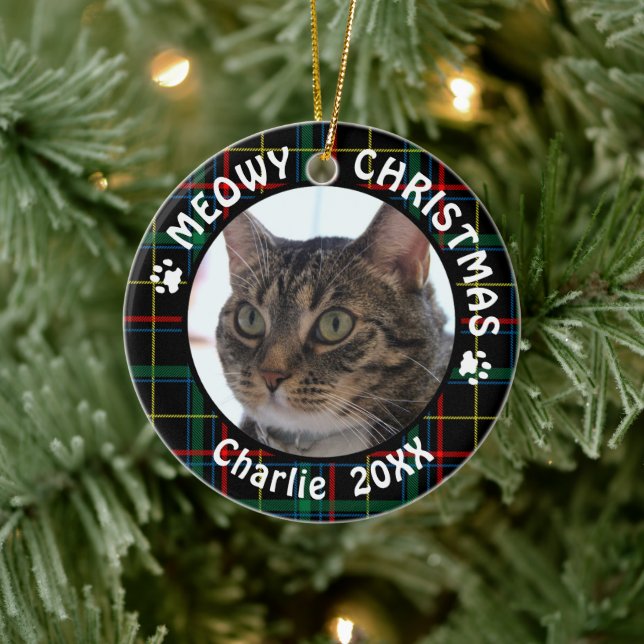 Adorno De Cerámica Cat MEOWY CHRISTMAS 2-Sided Christmas Plaid (Árbol)