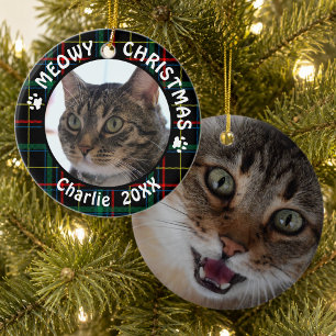 Adorno De Cerámica Cat MEOWY CHRISTMAS 2-Sided Christmas Plaid