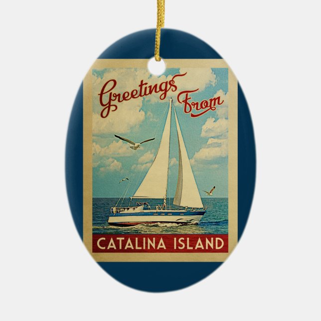 Adorno De Cerámica Catalina Island Ornament Sailboat Retro California (Frente)