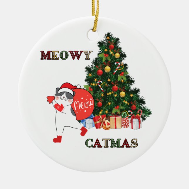 Adorno De Cerámica Catas Meowy del gato de los Navidades (Frente)