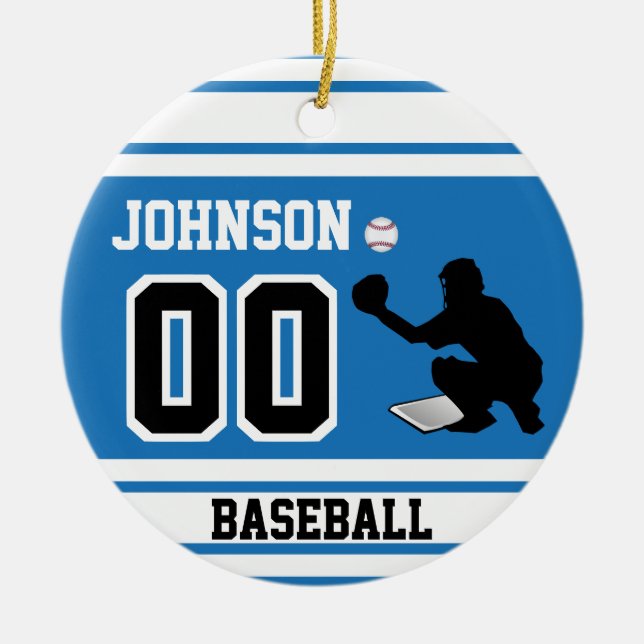 Adorno De Cerámica Catcher de béisbol personalizado | Azul y blanco (Frente)