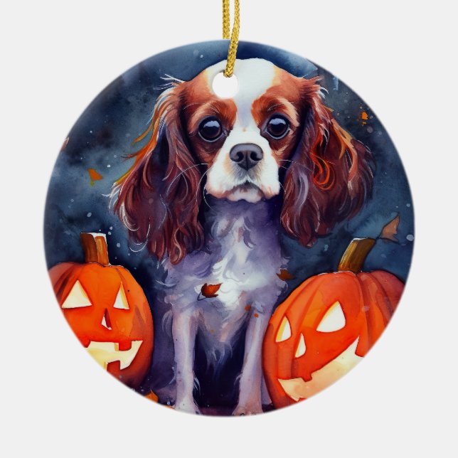 Adorno De Cerámica Cavalier de Halloween King Charles Spaniel (Frente)