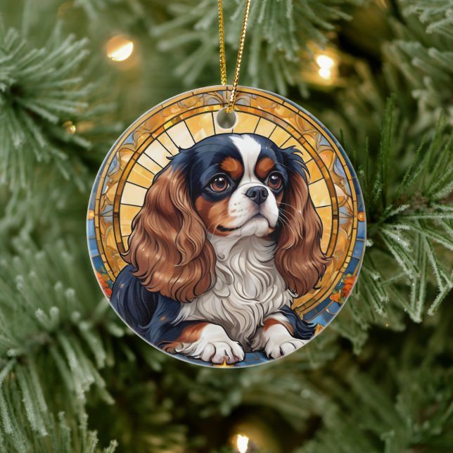 Adorno De Cerámica Cavalier King Charles Pastel Golden StainGlass (Árbol)