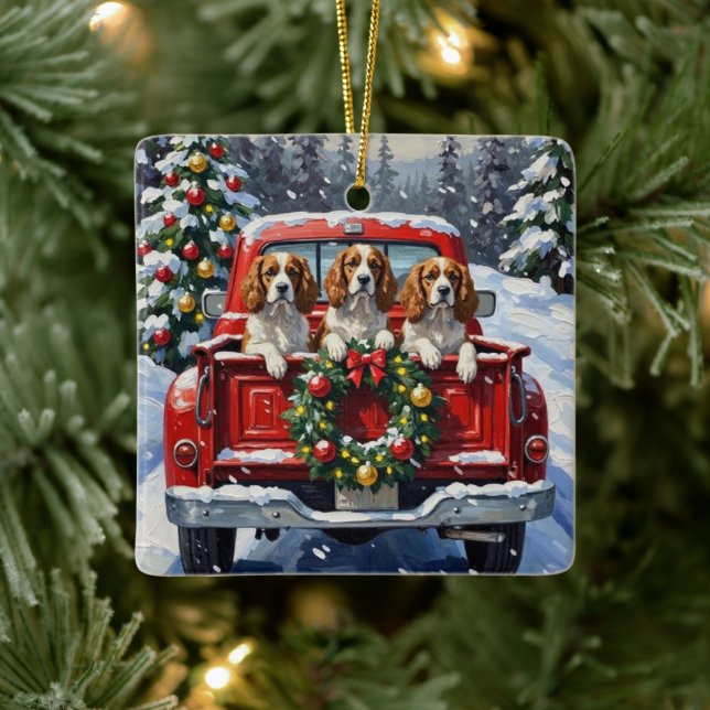 Adorno De Cerámica Cavalier King Charles Spaniel Christmas Red Truck (Árbol)