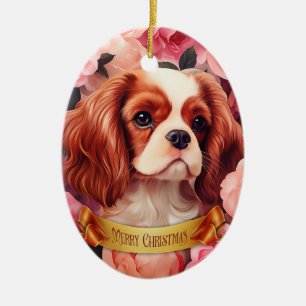 Adorno De Cerámica Cavalier King Charles Spaniel en Rosas