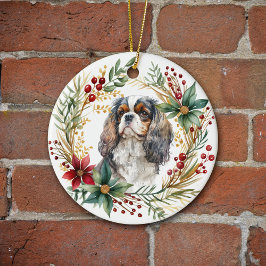 Adorno De Cerámica Cavalier King Charles Spaniel Holiday Wreath