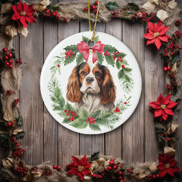 Adorno De Cerámica Cavalier King Charles Spaniel Red Bow Holly Wreath