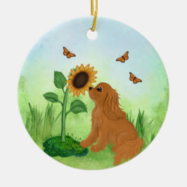 Adorno De Cerámica Cavalier King Charles Spaniel rubí con girasol