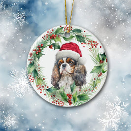 Adorno De Cerámica Cavalier King Charles Spaniel Santa Wreath